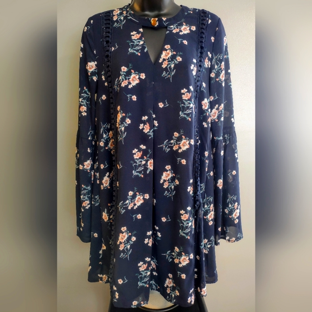 Blu Pepper Floral Dress, Long Sleeve, Navy & Pink, Size Small, Great Condition
